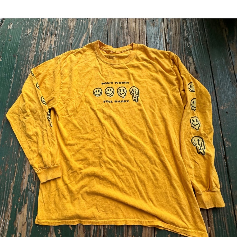 Brixton Mens Mustard Yellow Melting Smiley Face Long Sleeve Graphic Tee Large